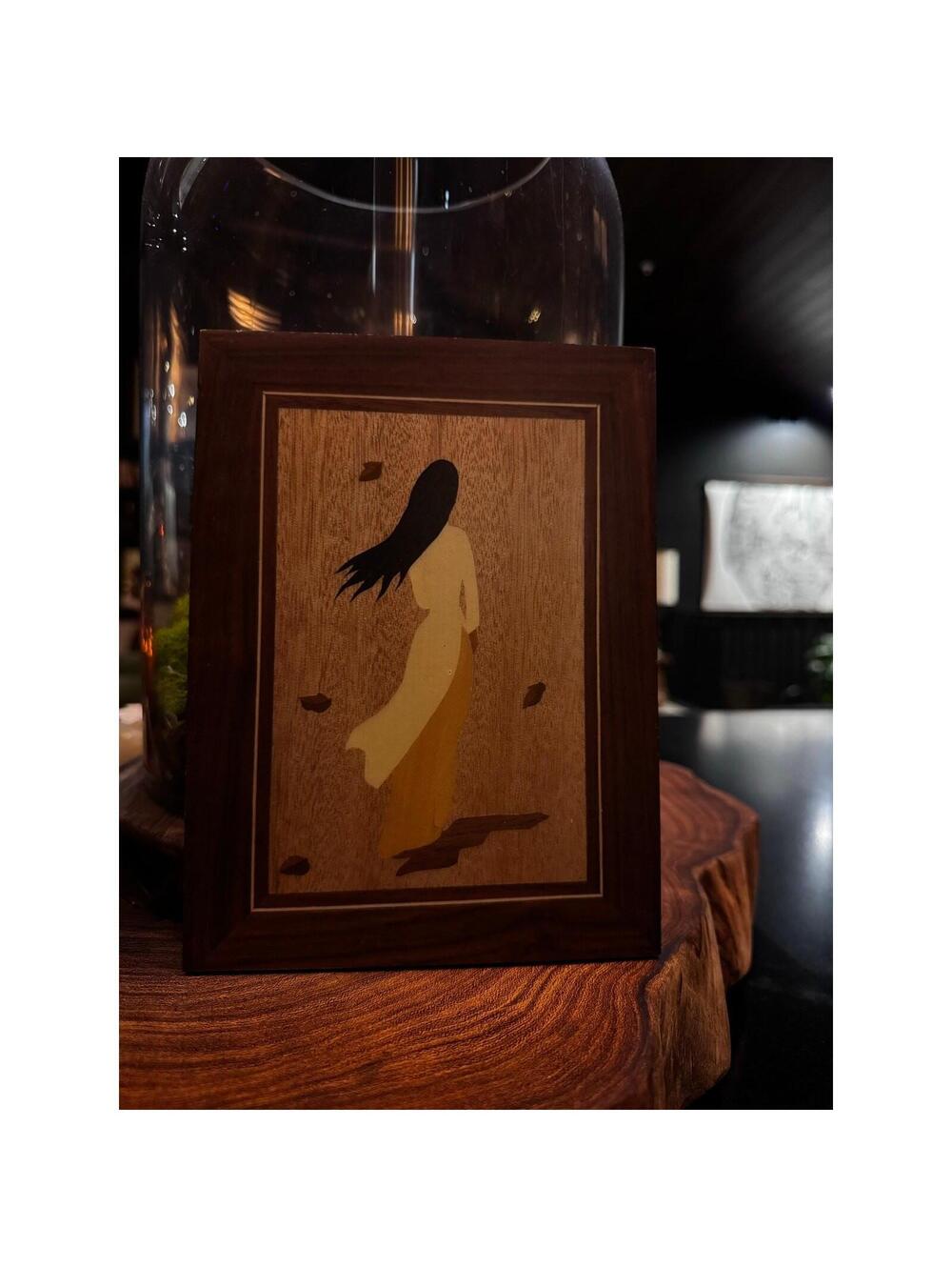 Vintage Wood inlay marquetry wall art panel of a woman